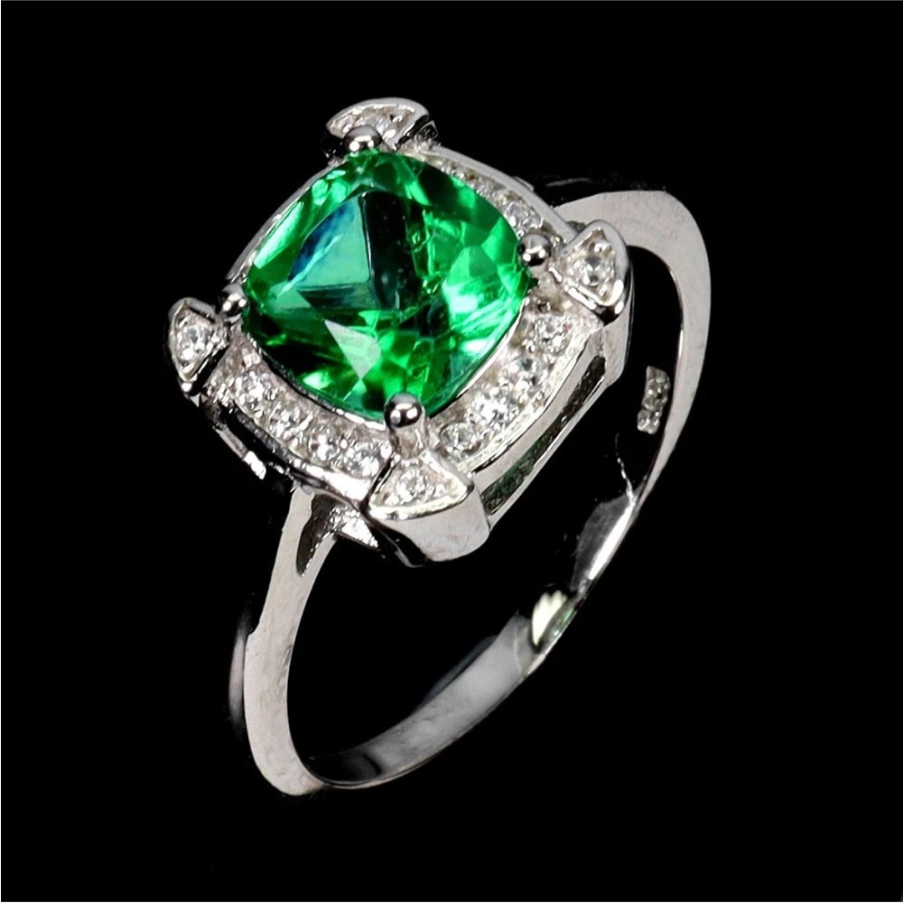 Sterling Silver Cushion Cut Genuine Green Topaz with Zircon Halo Ring Size 8